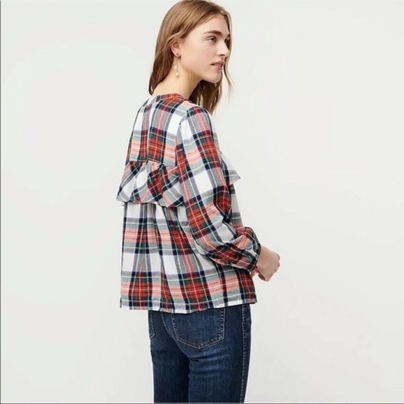 J.Crew Ruffle long sleeve blouse.Red, green, black, gold sparkle thread plaid XS - Picture 2 of 9